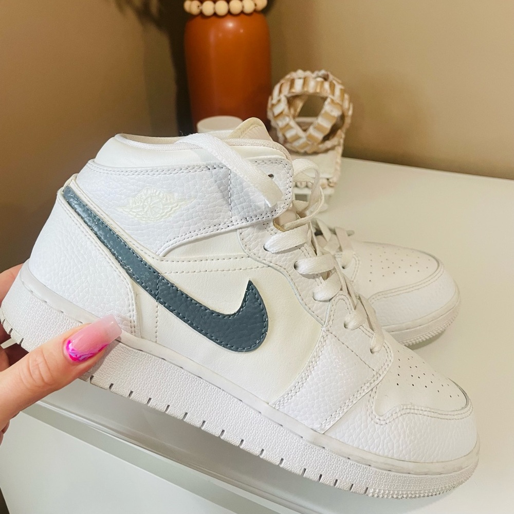 Air Jordan 1. All white with painted grey check. Youth size 7. 8.5 woman’s